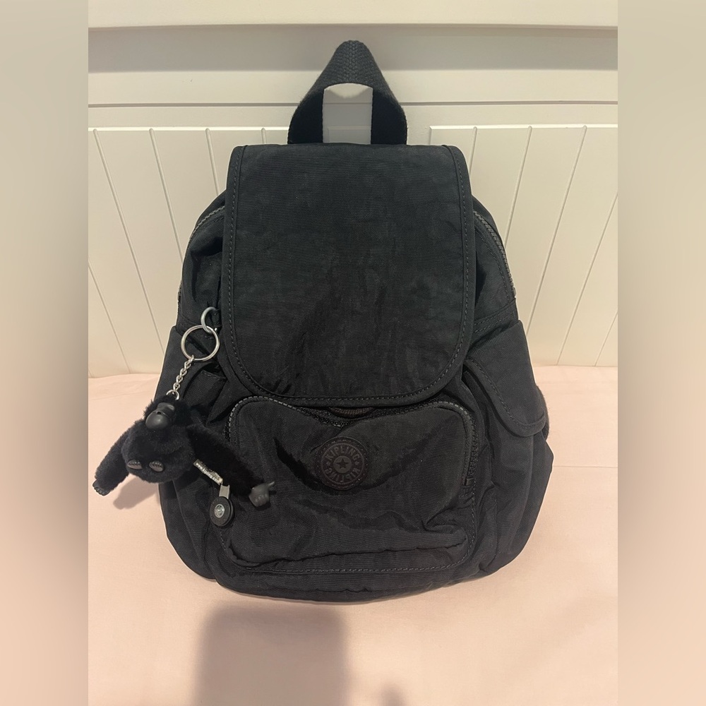 Kipling Black Nylon Mini Backpack with Monkey Keychain